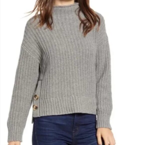 Madewell Mock Neck Side-Button Pull Over Sweater Chunky Knit Wool Blend Gray L - Picture 1 of 10